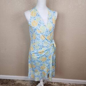 Lands' End Lemon Print Ruffle Hem Sleeveless Wrap Dress Medium (10-12) 4807
